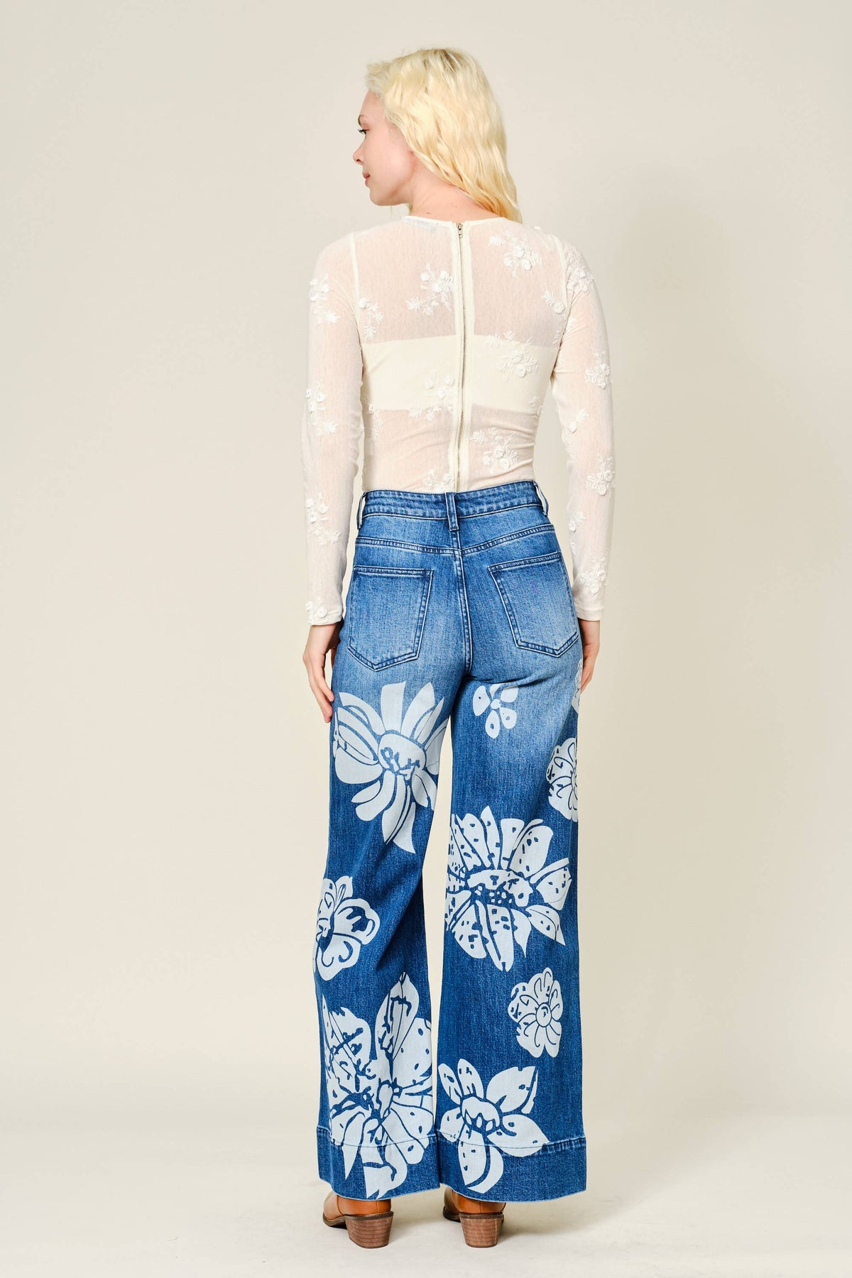 90015P Floral Printed Wide Leg Jeans
