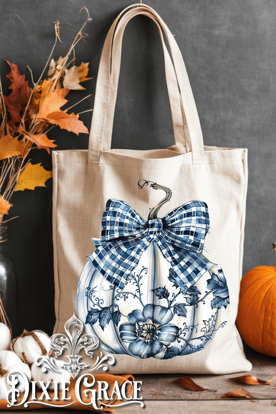 Blue Toile Pumpkin - Gift - Canvas - Two Options - Tote Bag