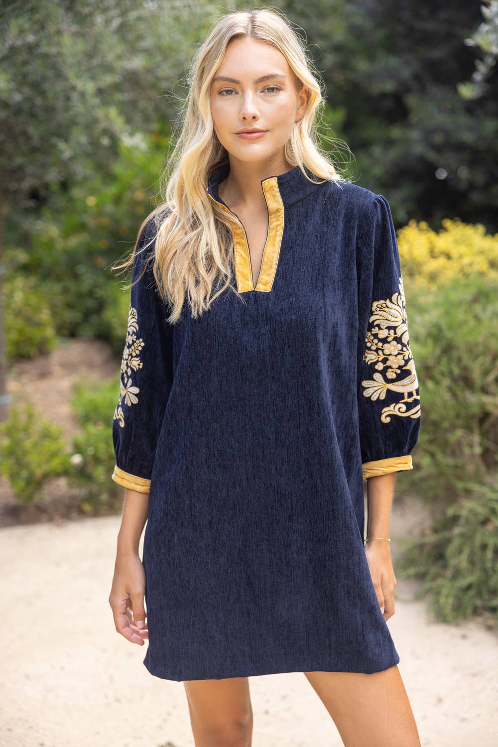37040 Midnight Gold Embroidered Sleeve Velvet Shift Dress