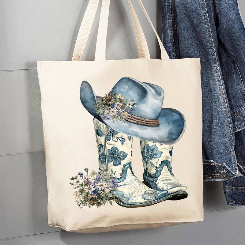 Western Blue & White Cowboy Boots Canvas Tote Bag