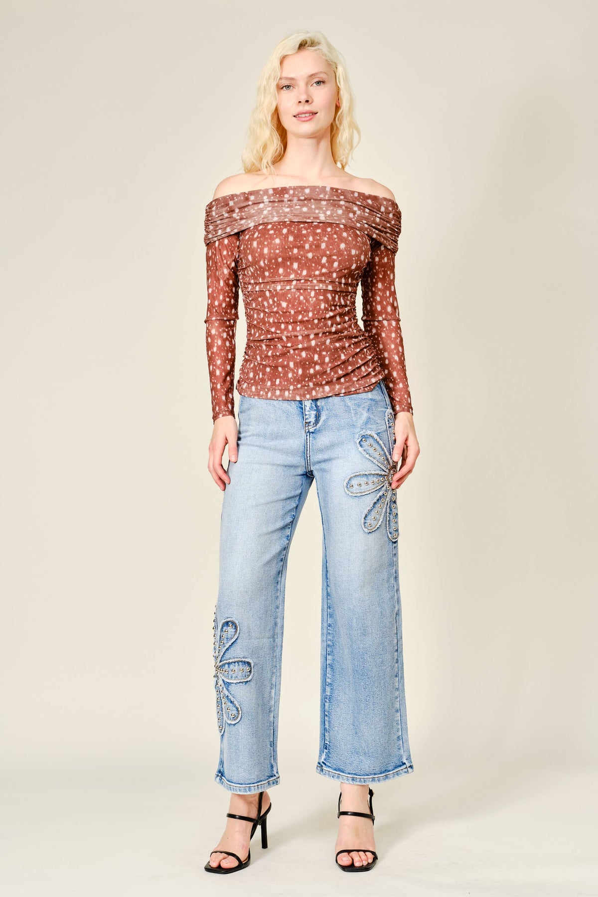 18122P Studded Flower Patch Wide Leg Jeans