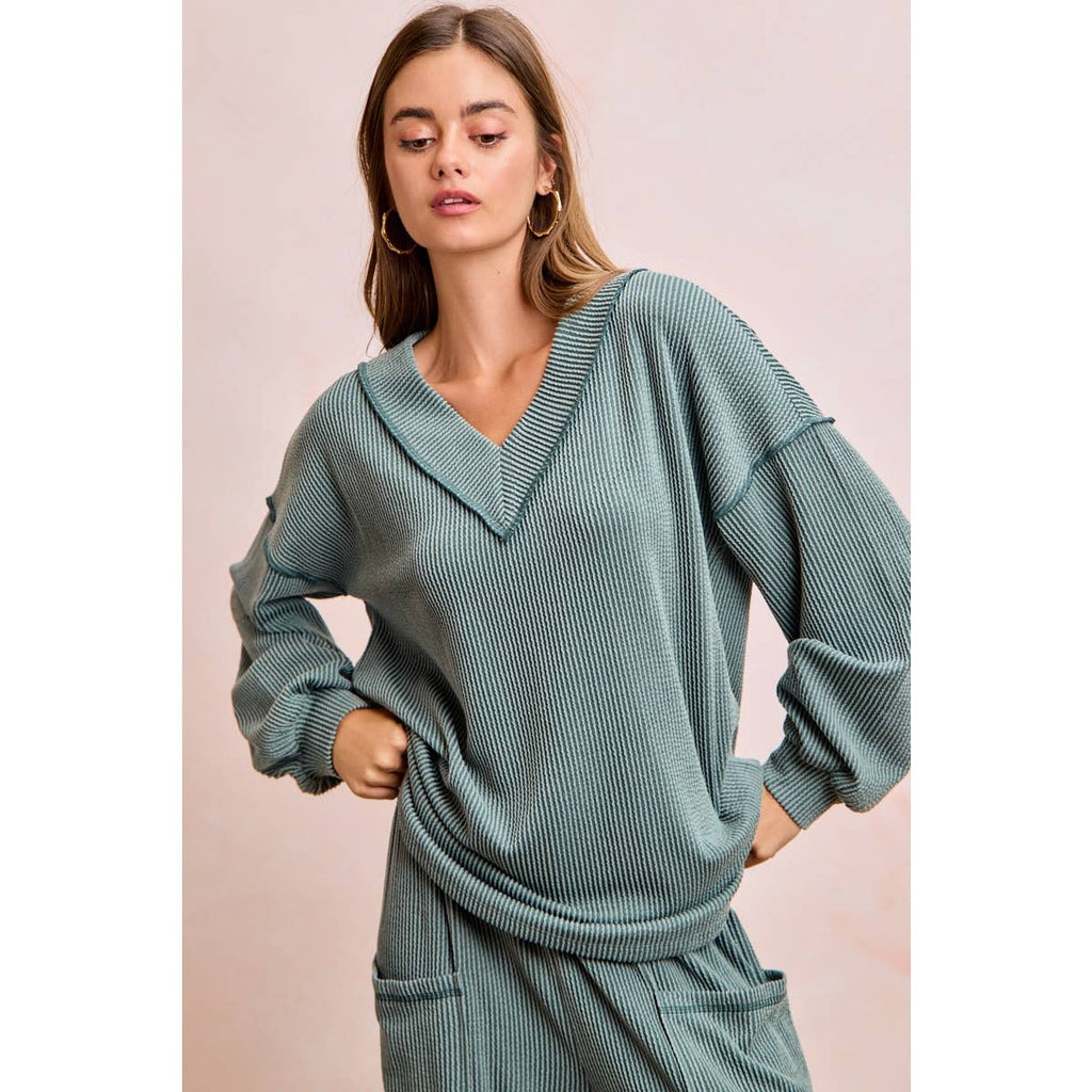 TWO TONE CORD RIB CONTRAST TOP AND PANTS SET