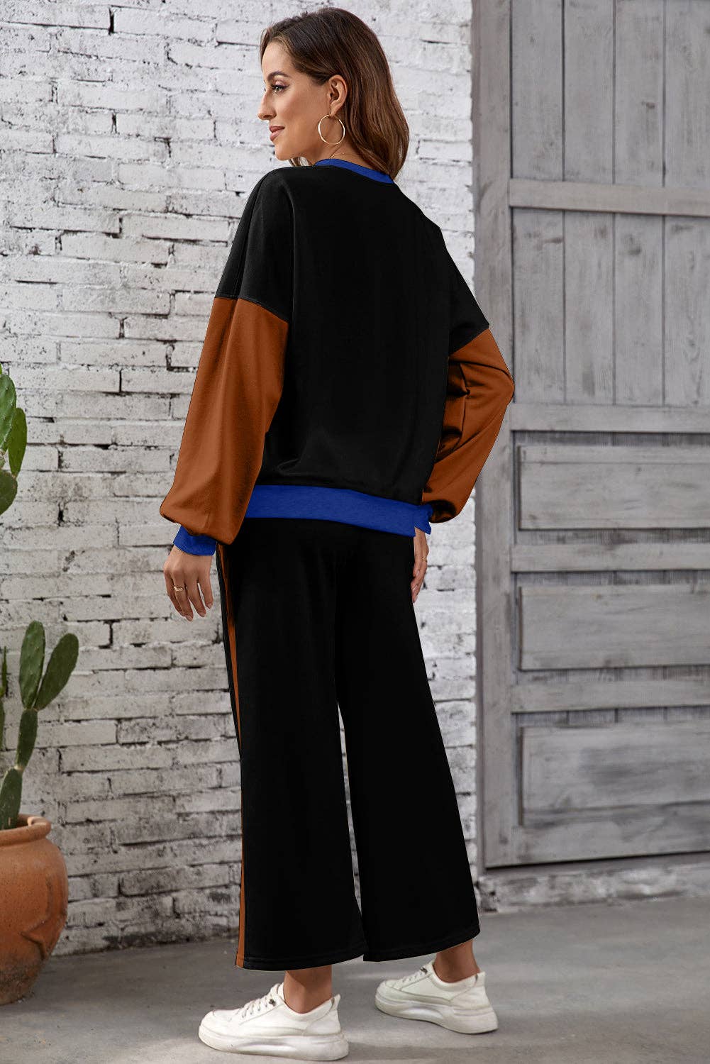 Blackish Green 2pcs Color Block Pullover Loose Pant Set