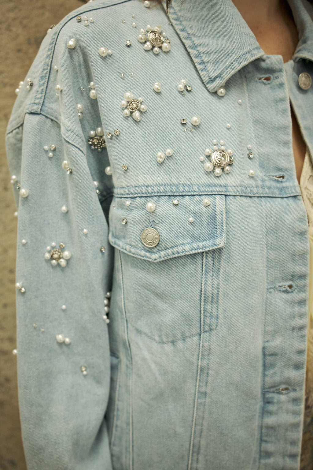 23981J Pearl Embellished Denim Jacket