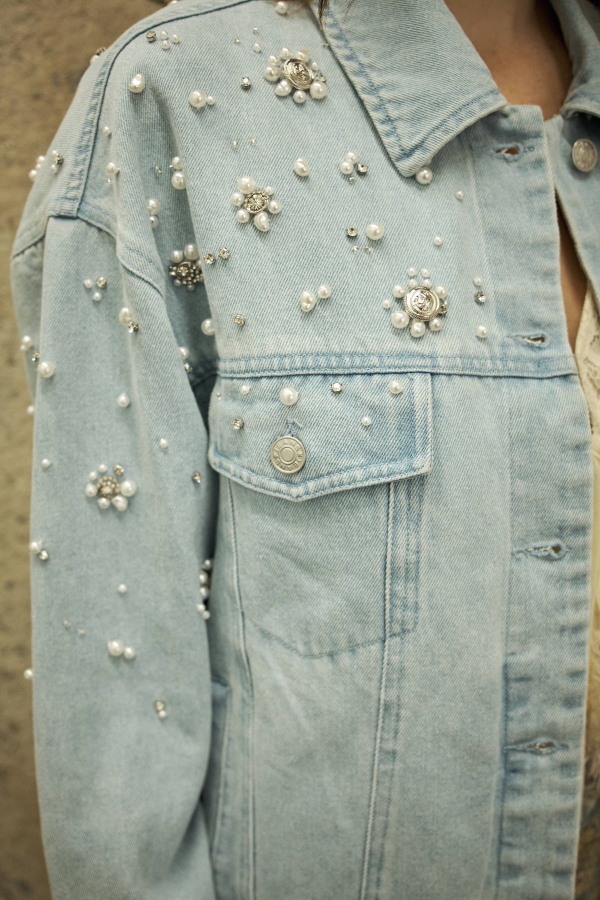23981J Pearl Embellished Denim Jacket