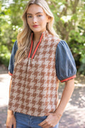 37002 Stripe Denim Sleeve Houndstooth Tweed Top
