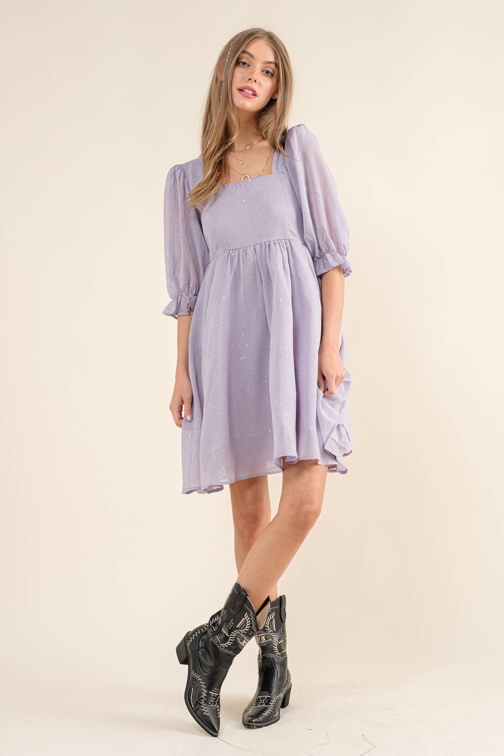32464D - Chiffon Metallic Dot Mini Dress