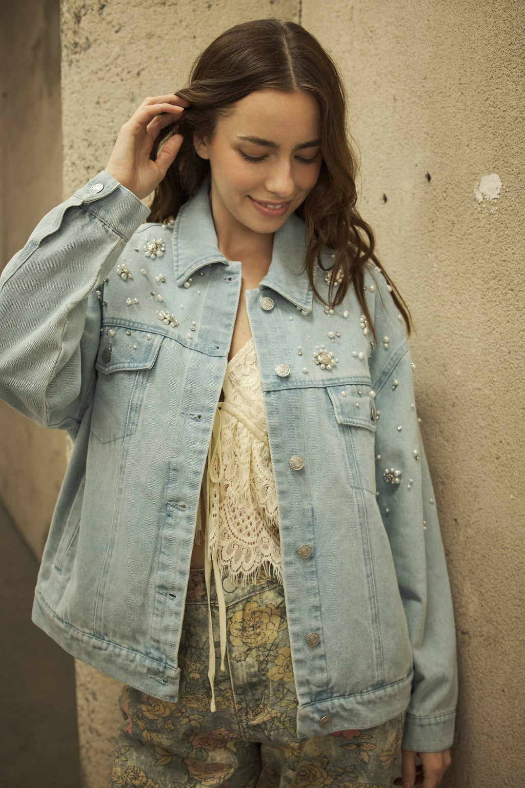 23981J Pearl Embellished Denim Jacket