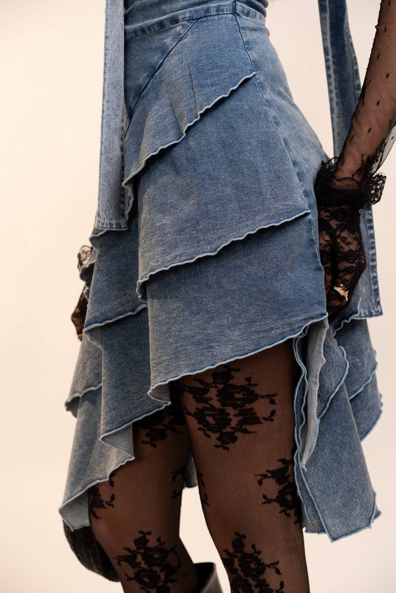 23847D Diagonal Layered Hem Ruched Waistband Dress