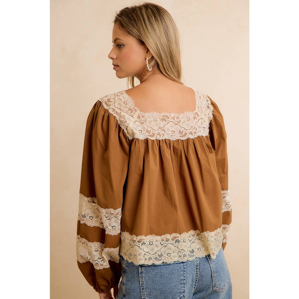 SOLID WOVEN BALLOON SLEEVE SQUARE NECK BLOUSE WITH LACE TRIM