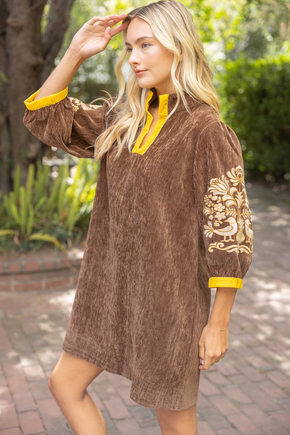 37040 Midnight Gold Embroidered Sleeve Velvet Shift Dress