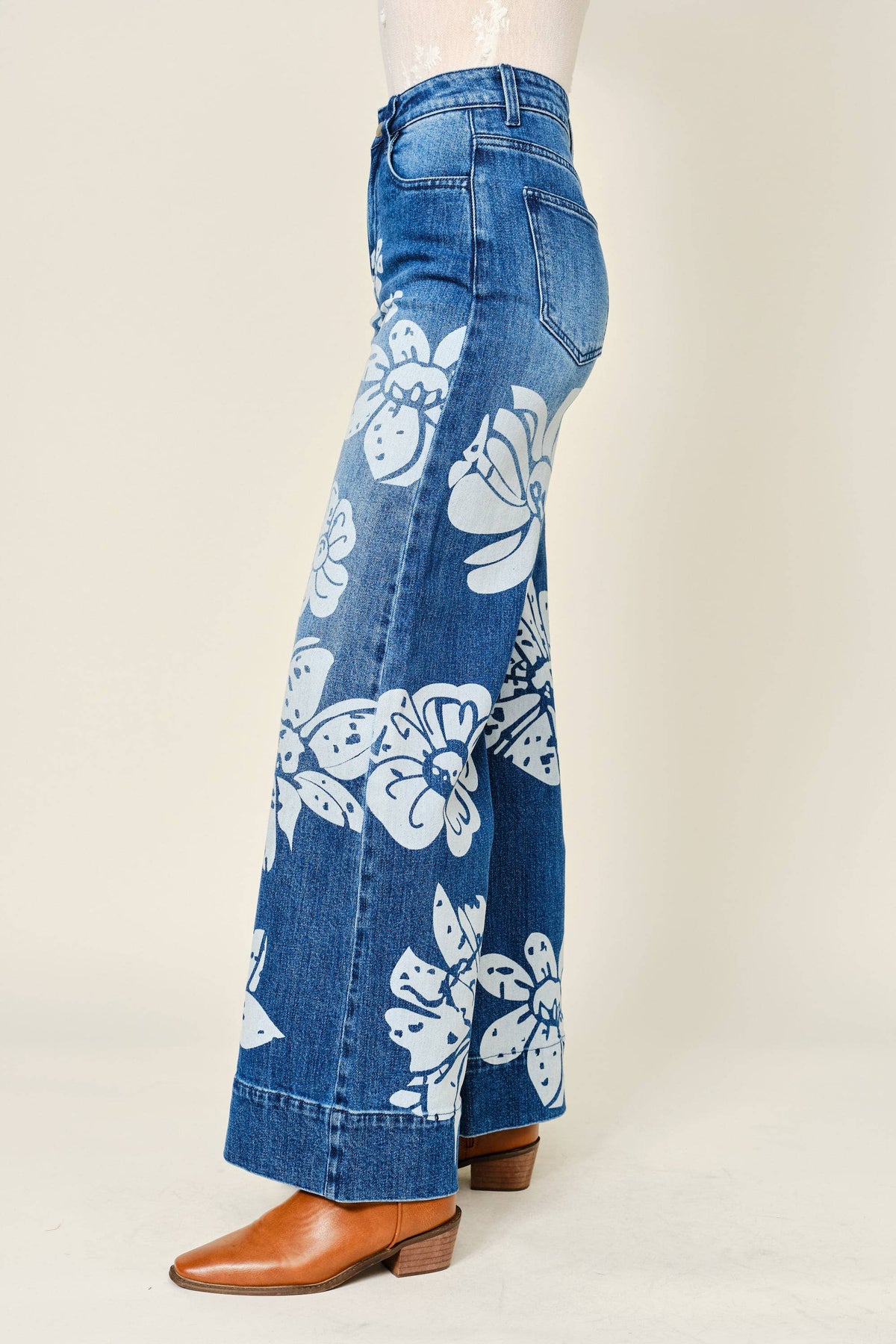 90015P Floral Printed Wide Leg Jeans
