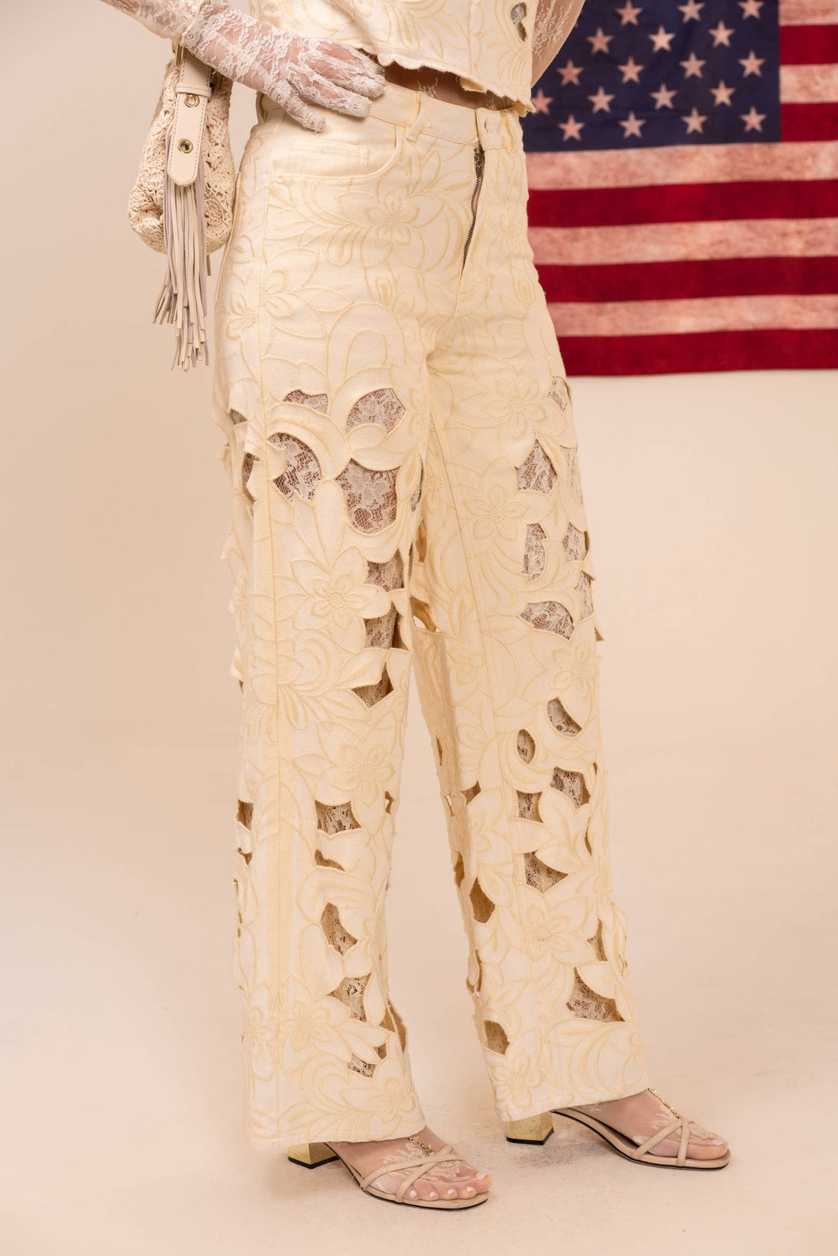 23969P Cut out Floral Embroidered Lace Twill Jeans