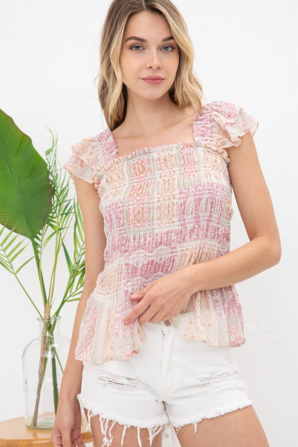 31387T - Chiffon Patchwork Ruffle Smocked Peplum Top