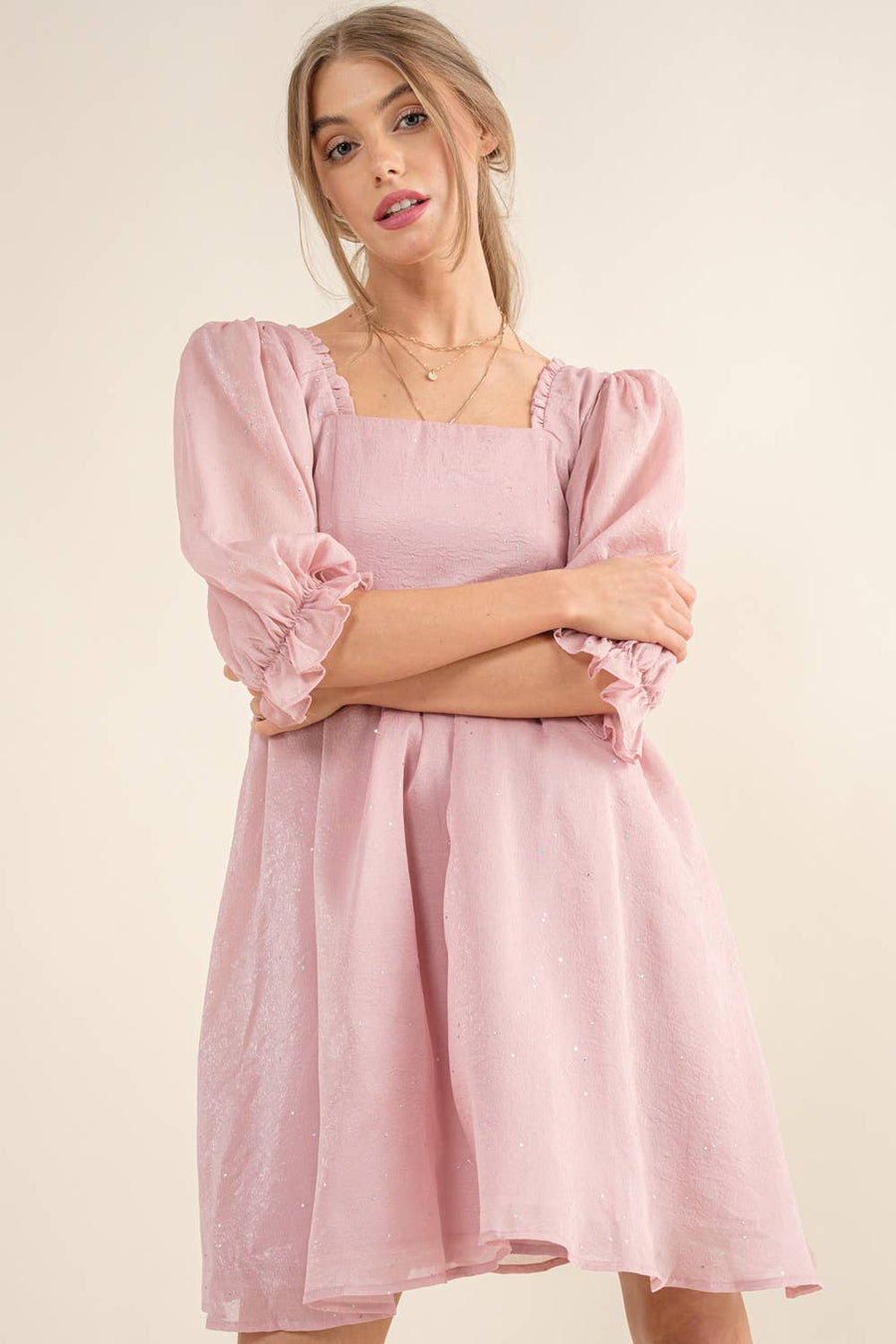 32464D - Chiffon Metallic Dot Mini Dress