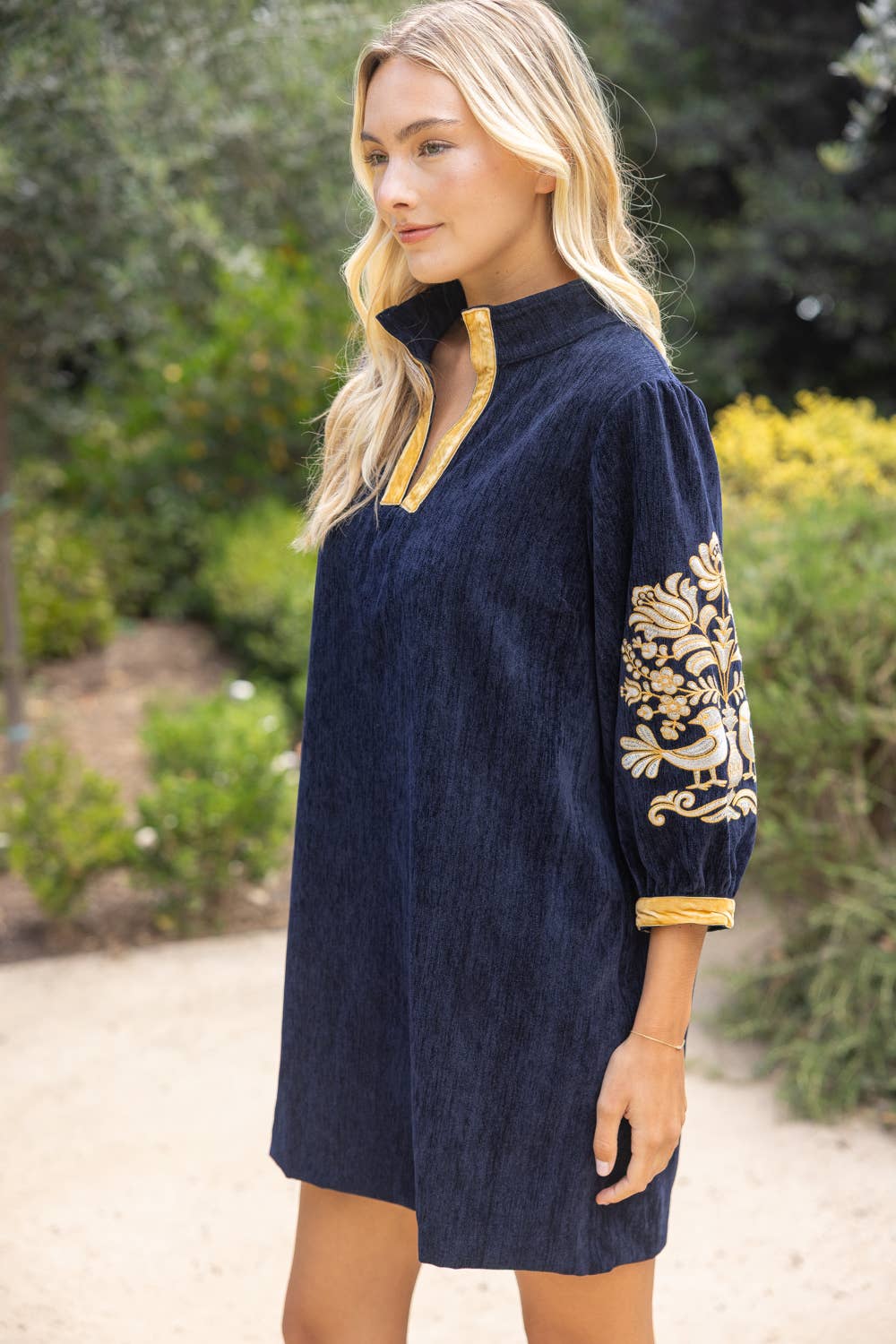 37040 Midnight Gold Embroidered Sleeve Velvet Shift Dress