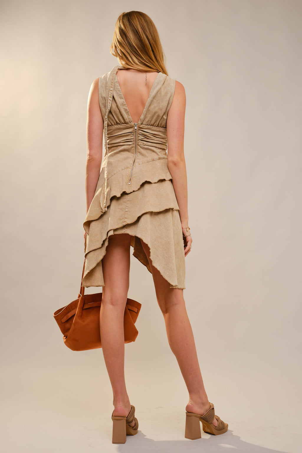 23847D Diagonal Layered Hem Ruched Waistband Dress