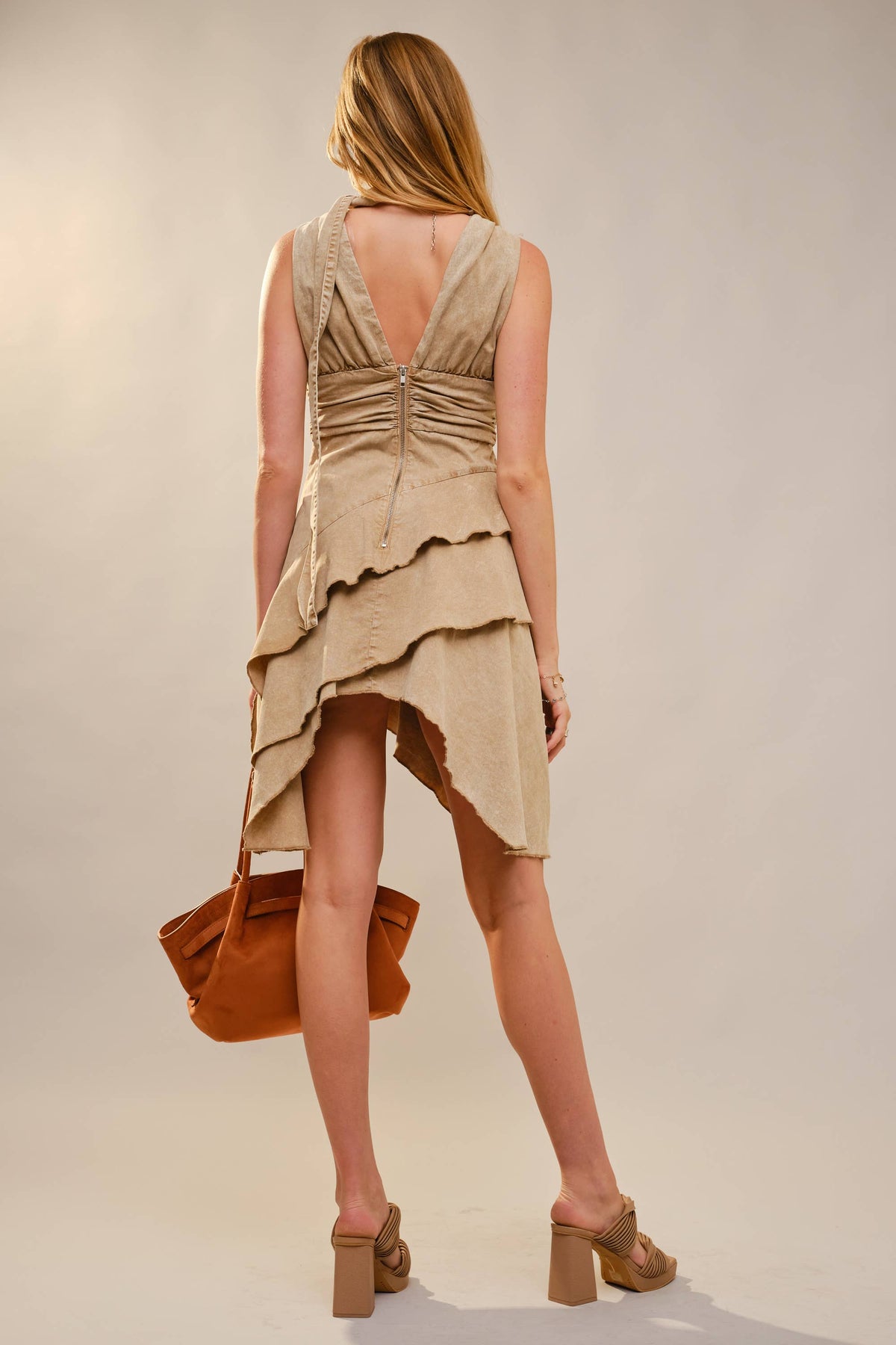 23847D Diagonal Layered Hem Ruched Waistband Dress