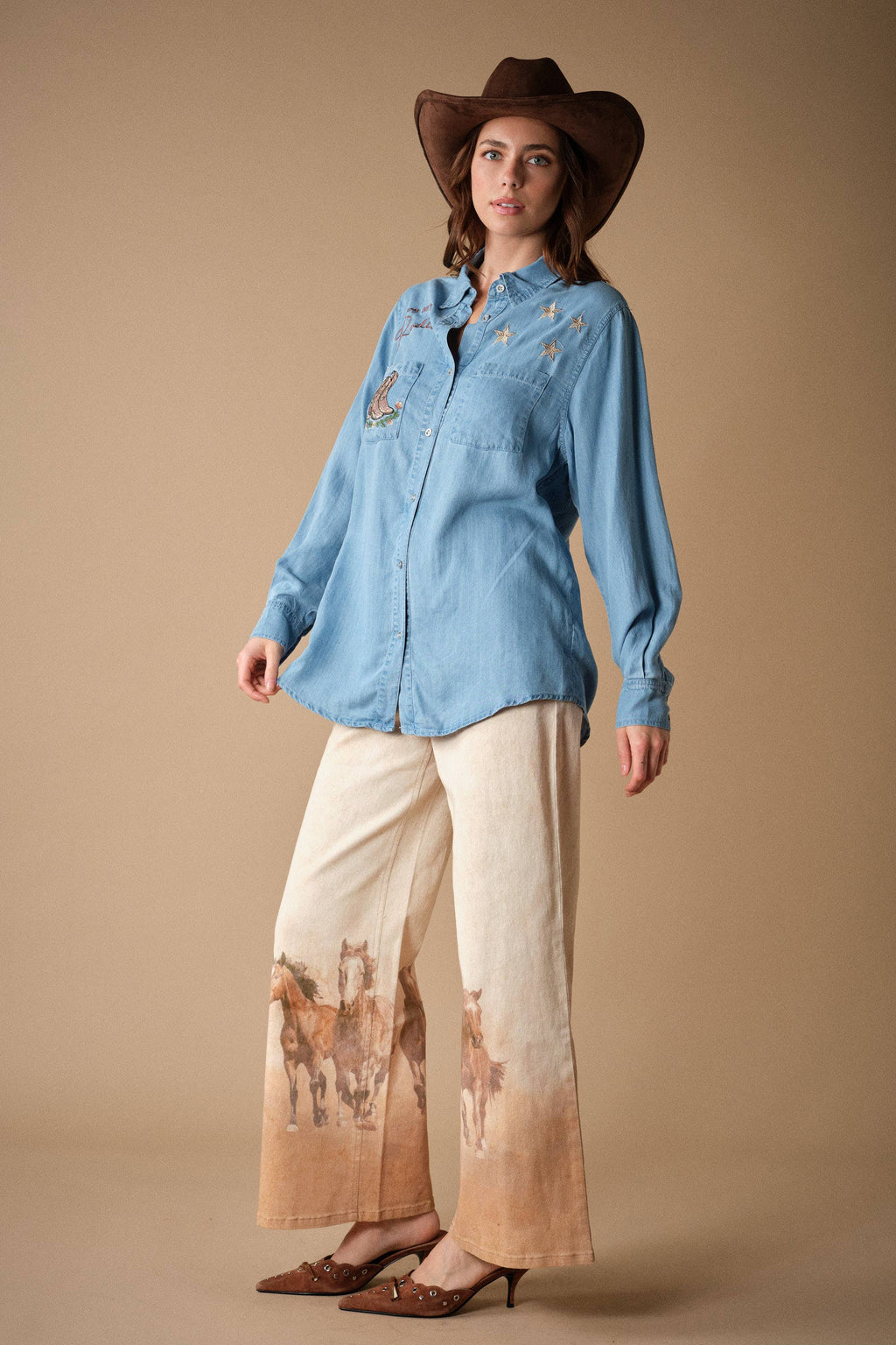 24390P Western Horse Print Wide Leg Jeans