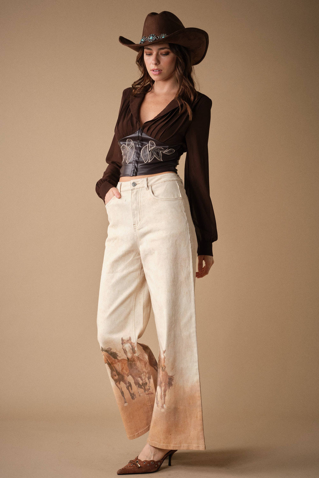 24390P Western Horse Print Wide Leg Jeans