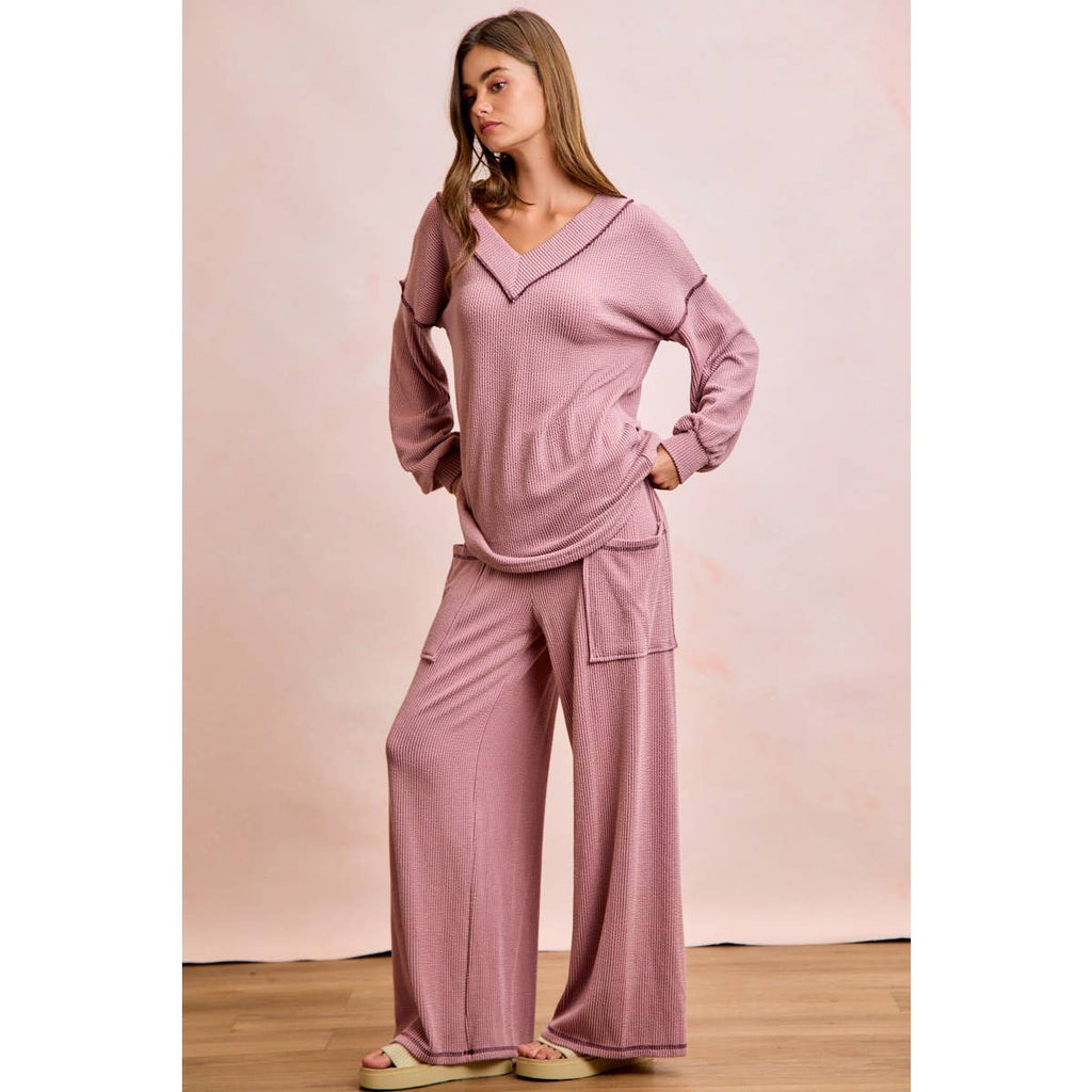 TWO TONE CORD RIB CONTRAST TOP AND PANTS SET