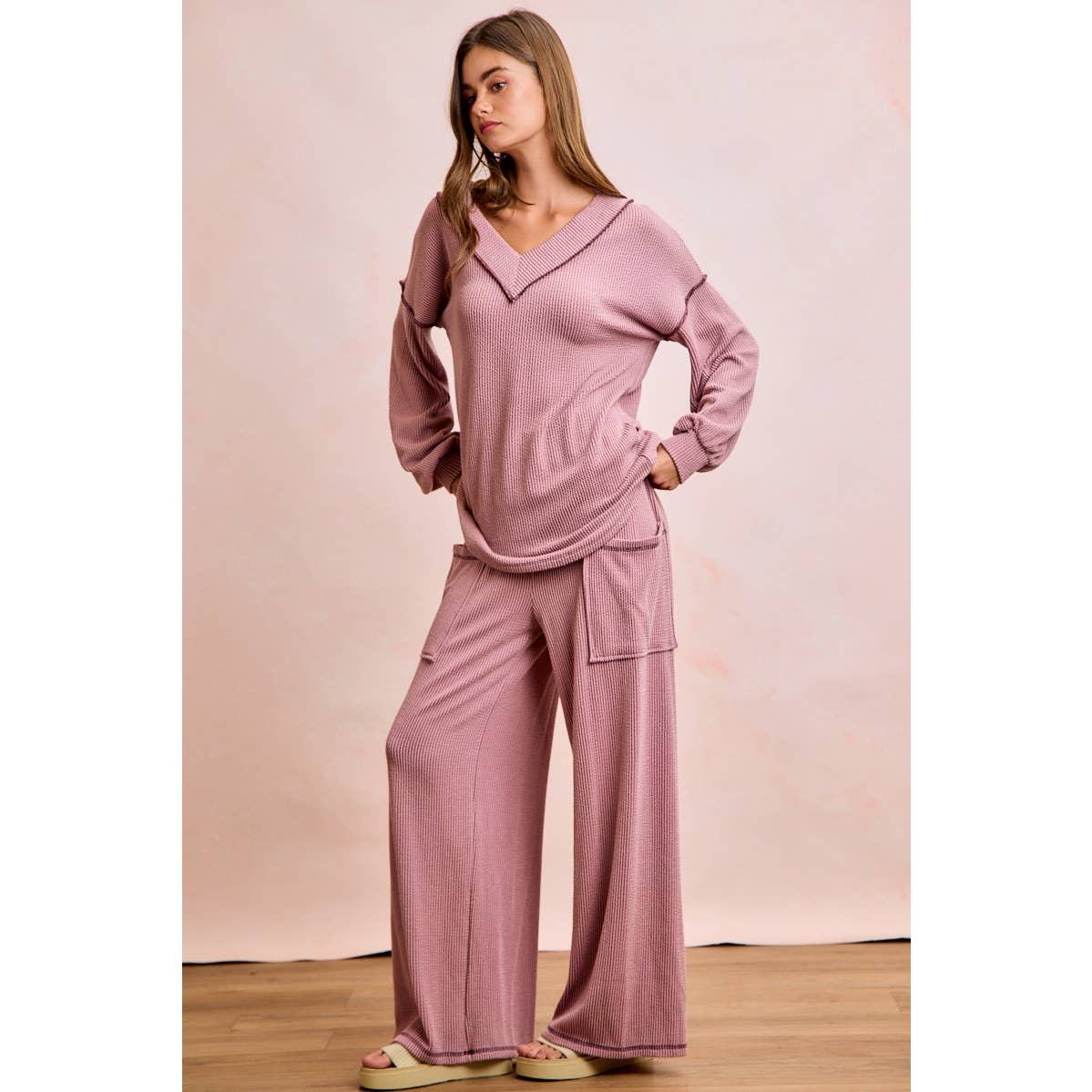 TWO TONE CORD RIB CONTRAST TOP AND PANTS SET