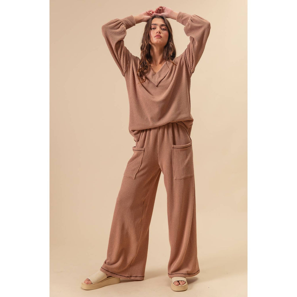 TWO TONE CORD RIB CONTRAST TOP AND PANTS SET