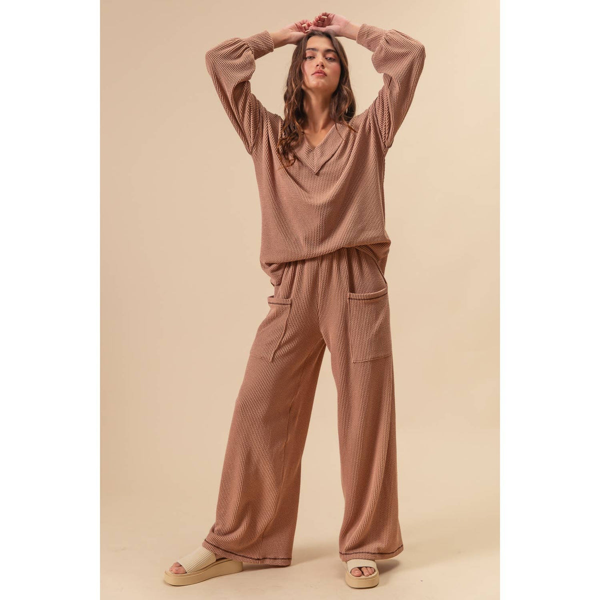 TWO TONE CORD RIB CONTRAST TOP AND PANTS SET