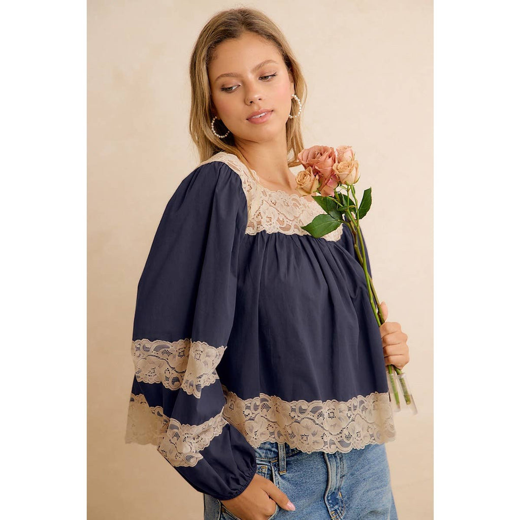 SOLID WOVEN BALLOON SLEEVE SQUARE NECK BLOUSE WITH LACE TRIM