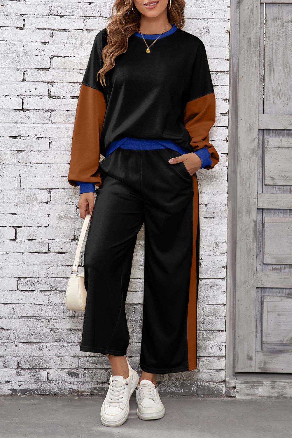Blackish Green 2pcs Color Block Pullover Loose Pant Set