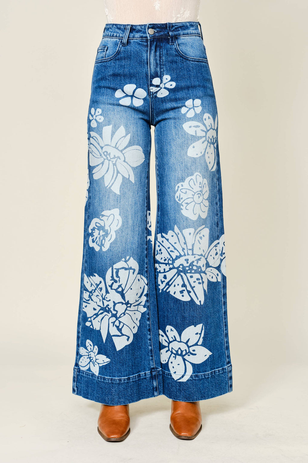 90015P Floral Printed Wide Leg Jeans
