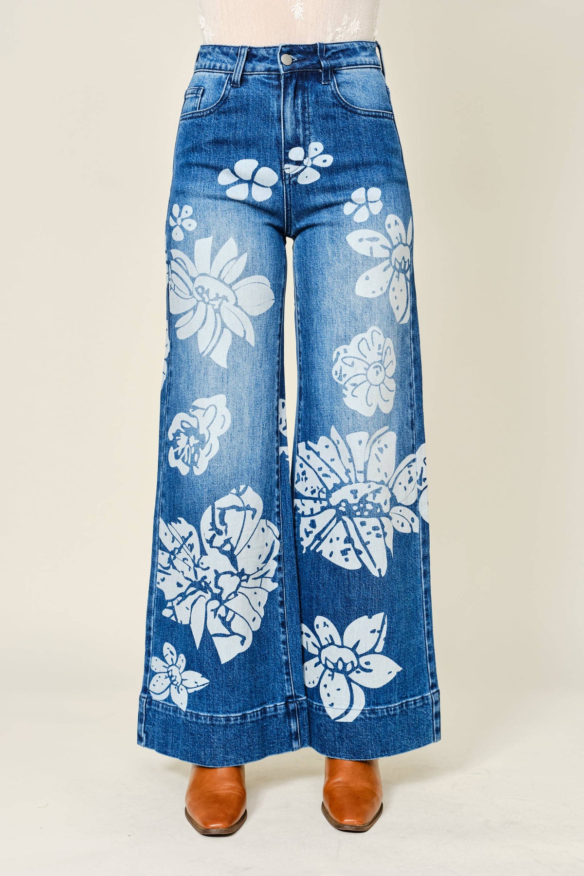 90015P Floral Printed Wide Leg Jeans