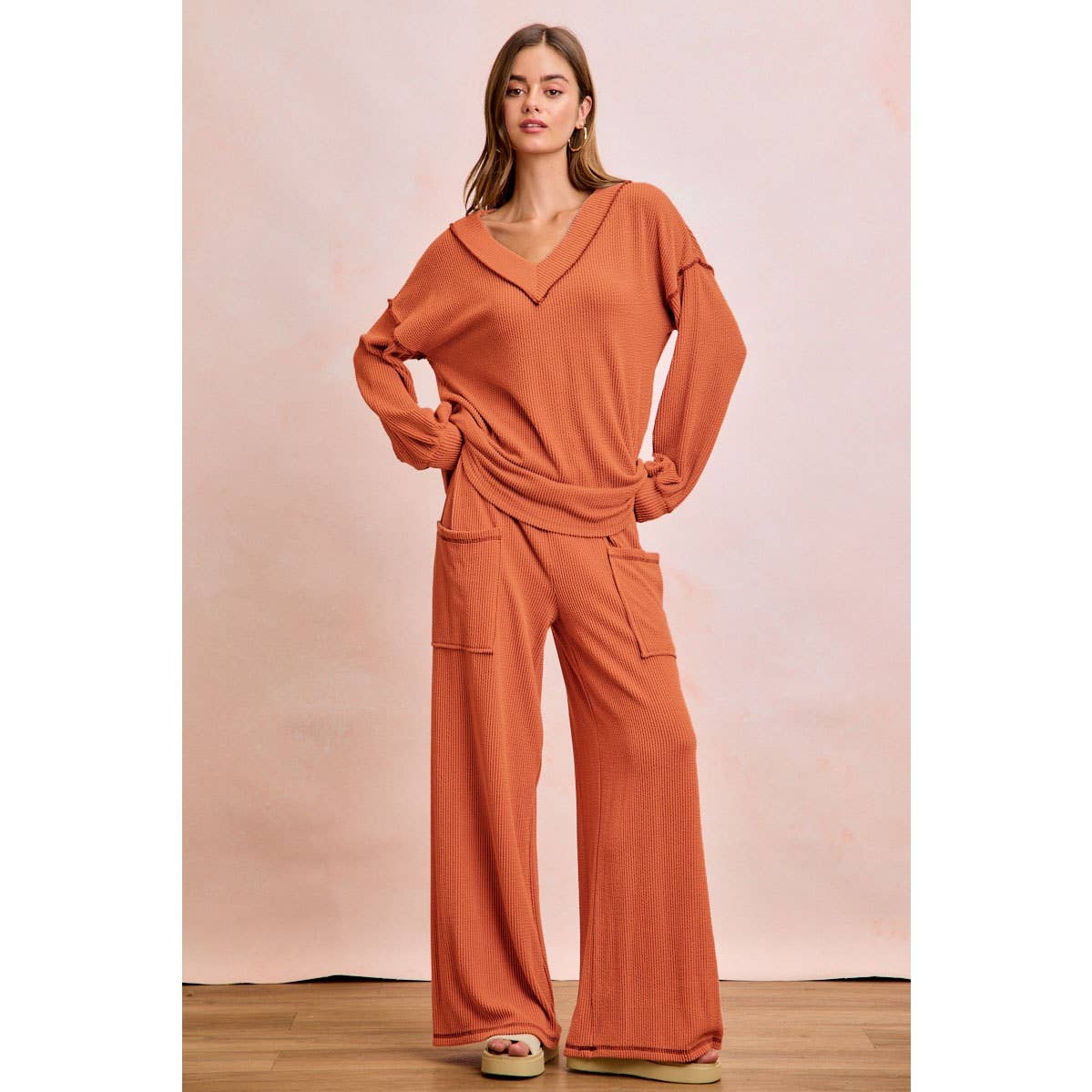 TWO TONE CORD RIB CONTRAST TOP AND PANTS SET