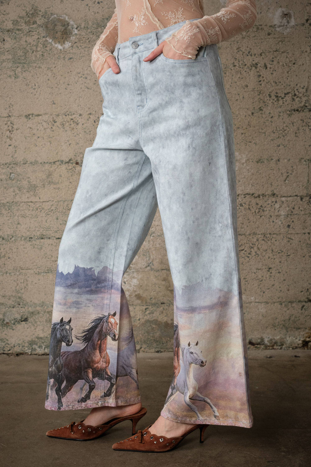 24390P Western Horse Print Wide Leg Jeans