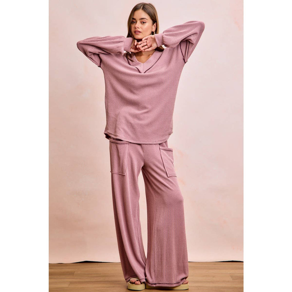 TWO TONE CORD RIB CONTRAST TOP AND PANTS SET