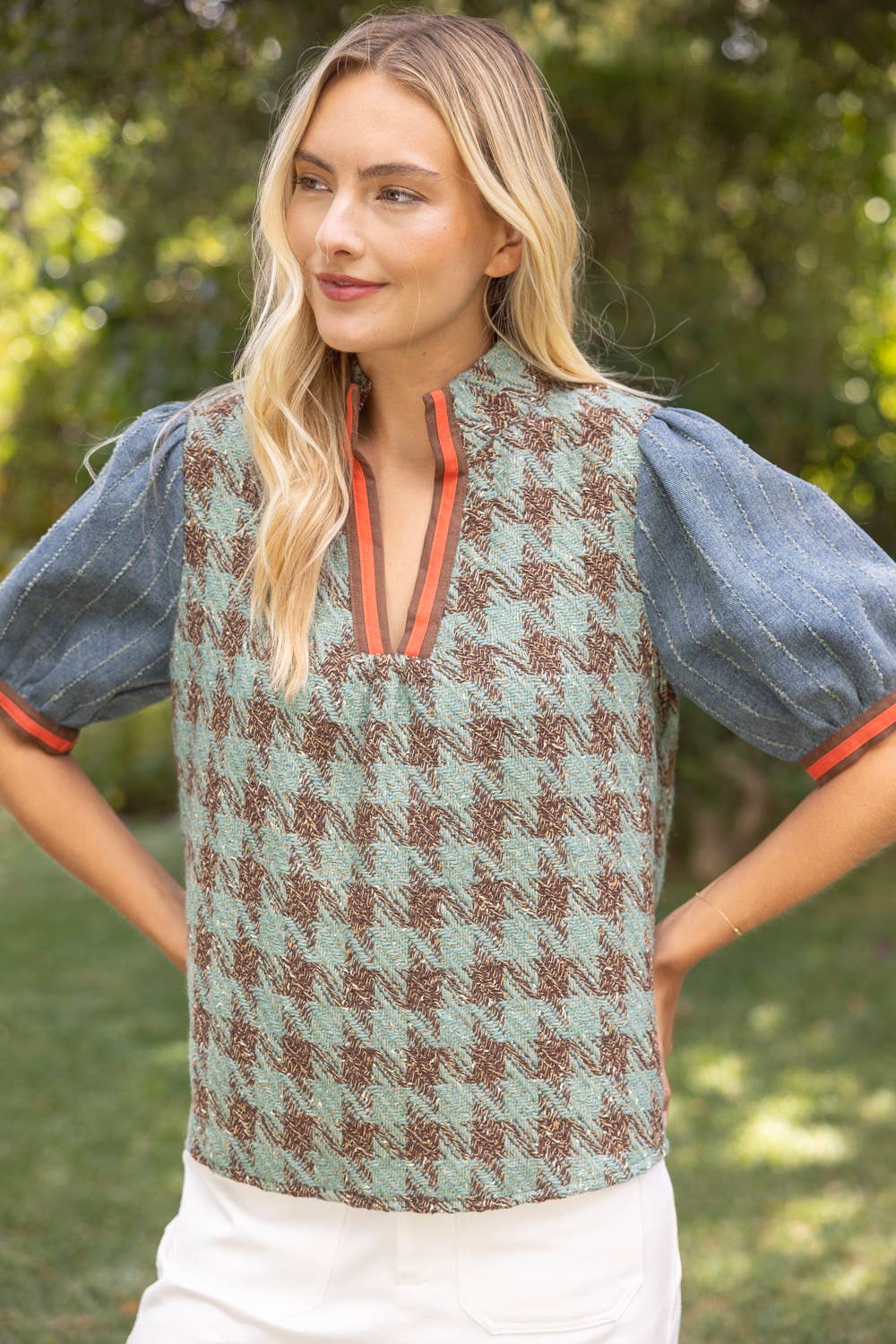 37002 Stripe Denim Sleeve Houndstooth Tweed Top