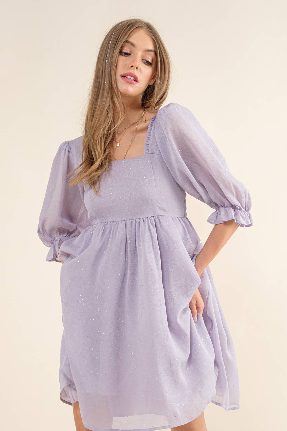 32464D - Chiffon Metallic Dot Mini Dress