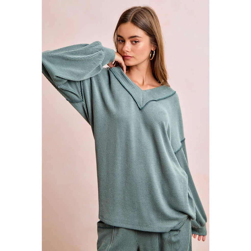 TWO TONE CORD RIB CONTRAST TOP AND PANTS SET