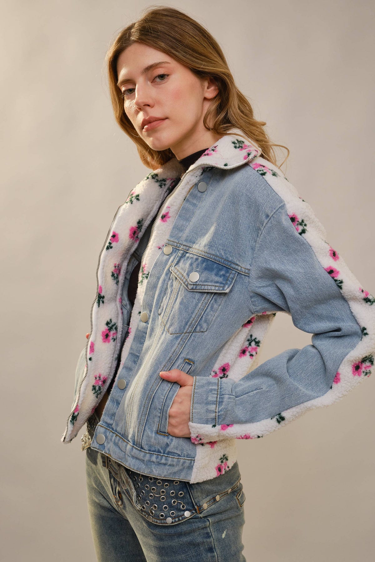 91647J Floral Sherpa Lined Denim Jacket
