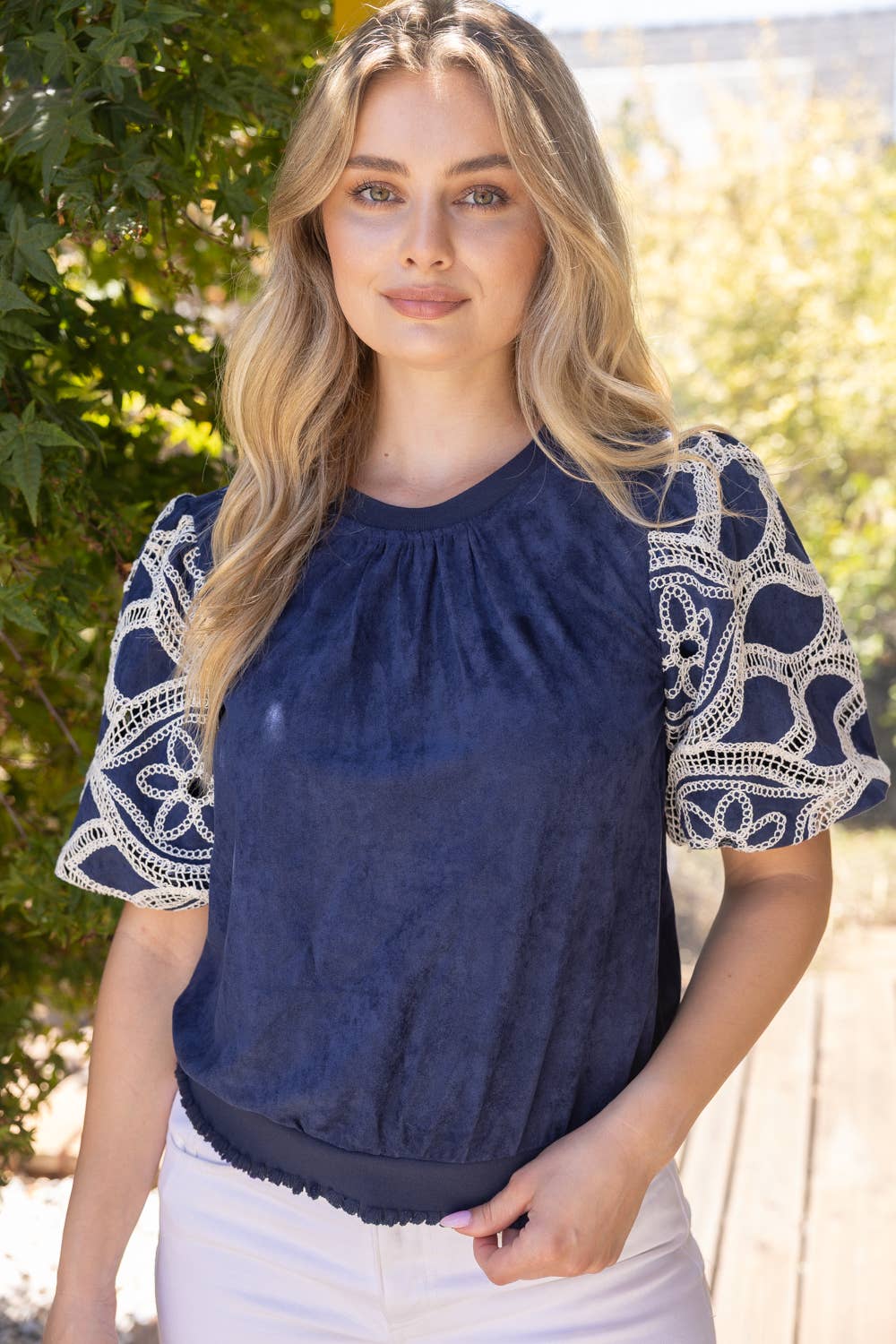 37067 Floral Eyelet Crochet Bubble Sleeve Suede Top