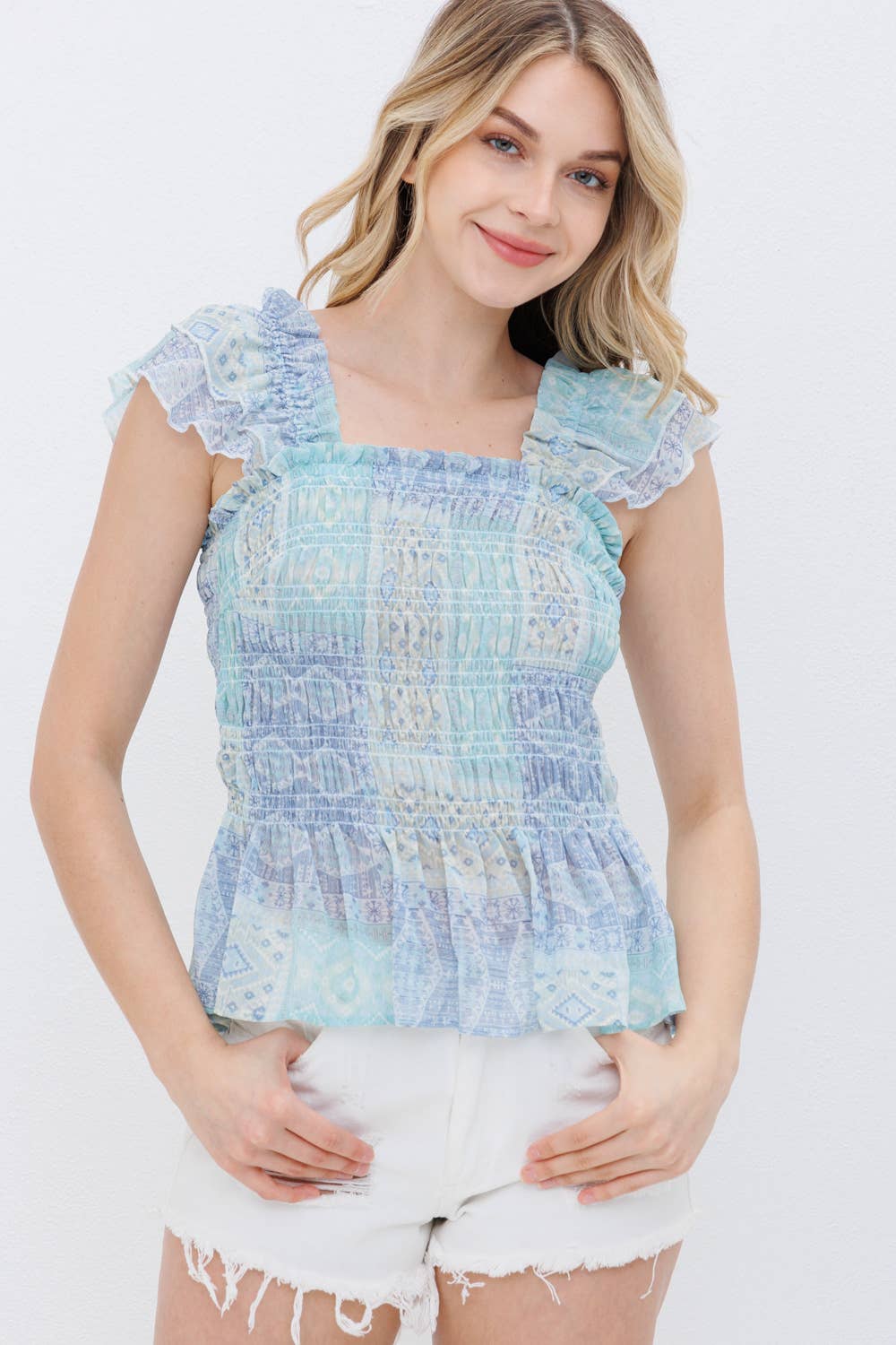 31387T - Chiffon Patchwork Ruffle Smocked Peplum Top