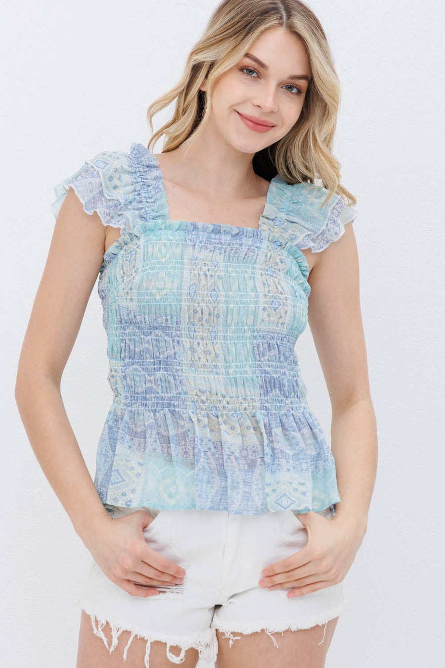 31387T - Chiffon Patchwork Ruffle Smocked Peplum Top