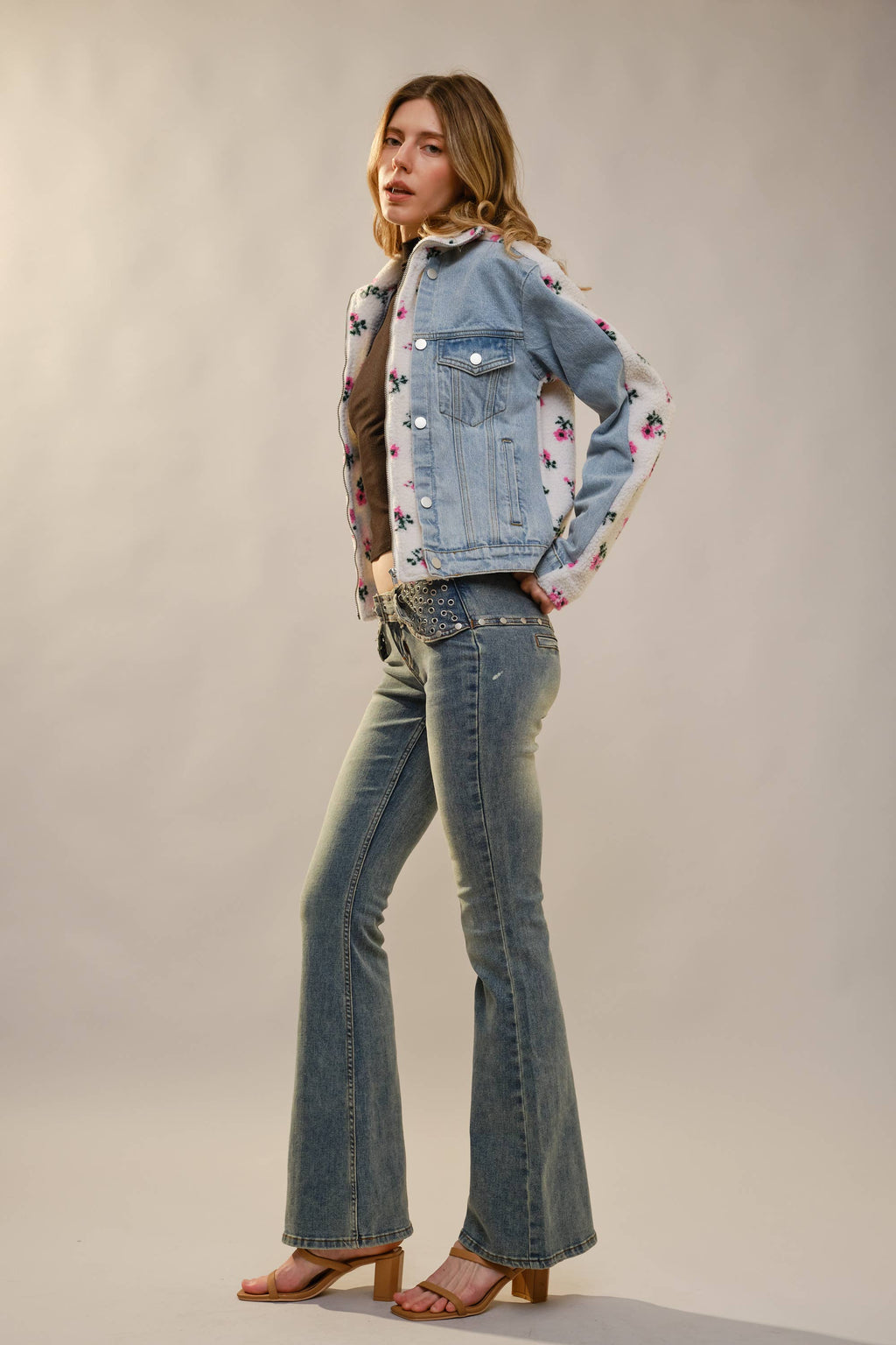 91647J Floral Sherpa Lined Denim Jacket