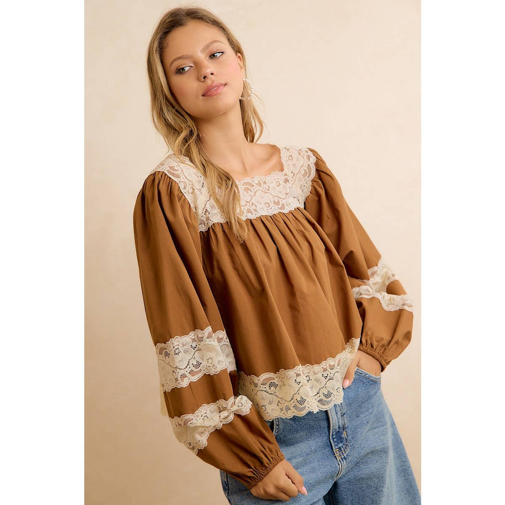 SOLID WOVEN BALLOON SLEEVE SQUARE NECK BLOUSE WITH LACE TRIM