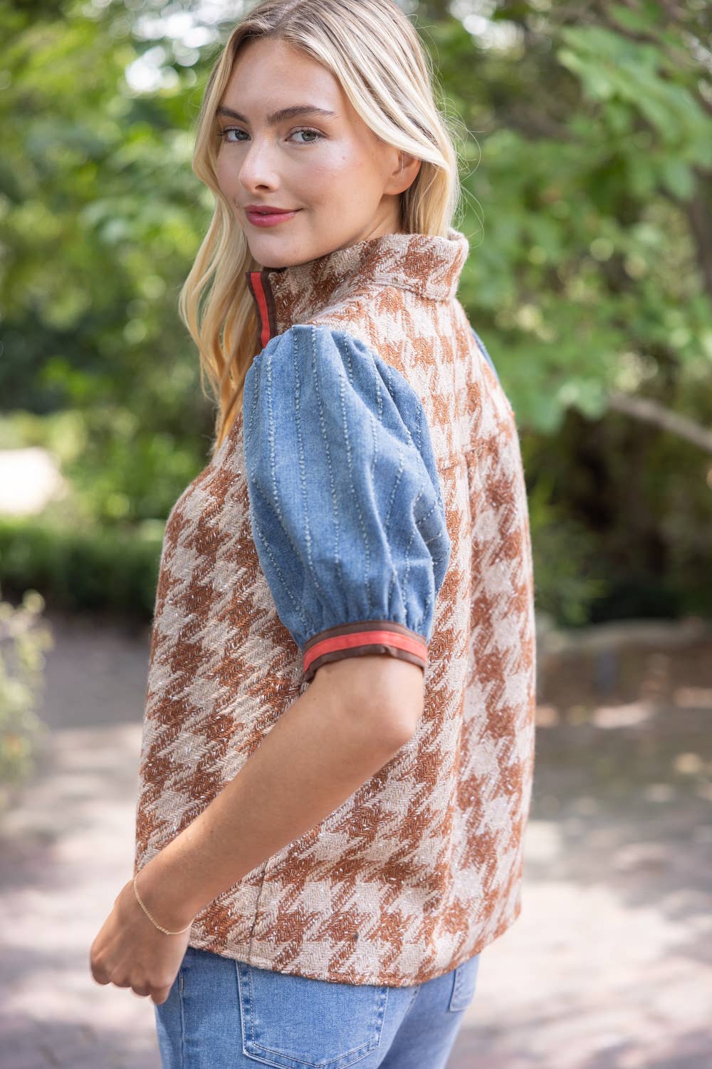 37002 Stripe Denim Sleeve Houndstooth Tweed Top