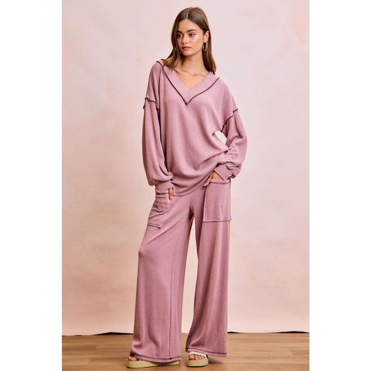 TWO TONE CORD RIB CONTRAST TOP AND PANTS SET