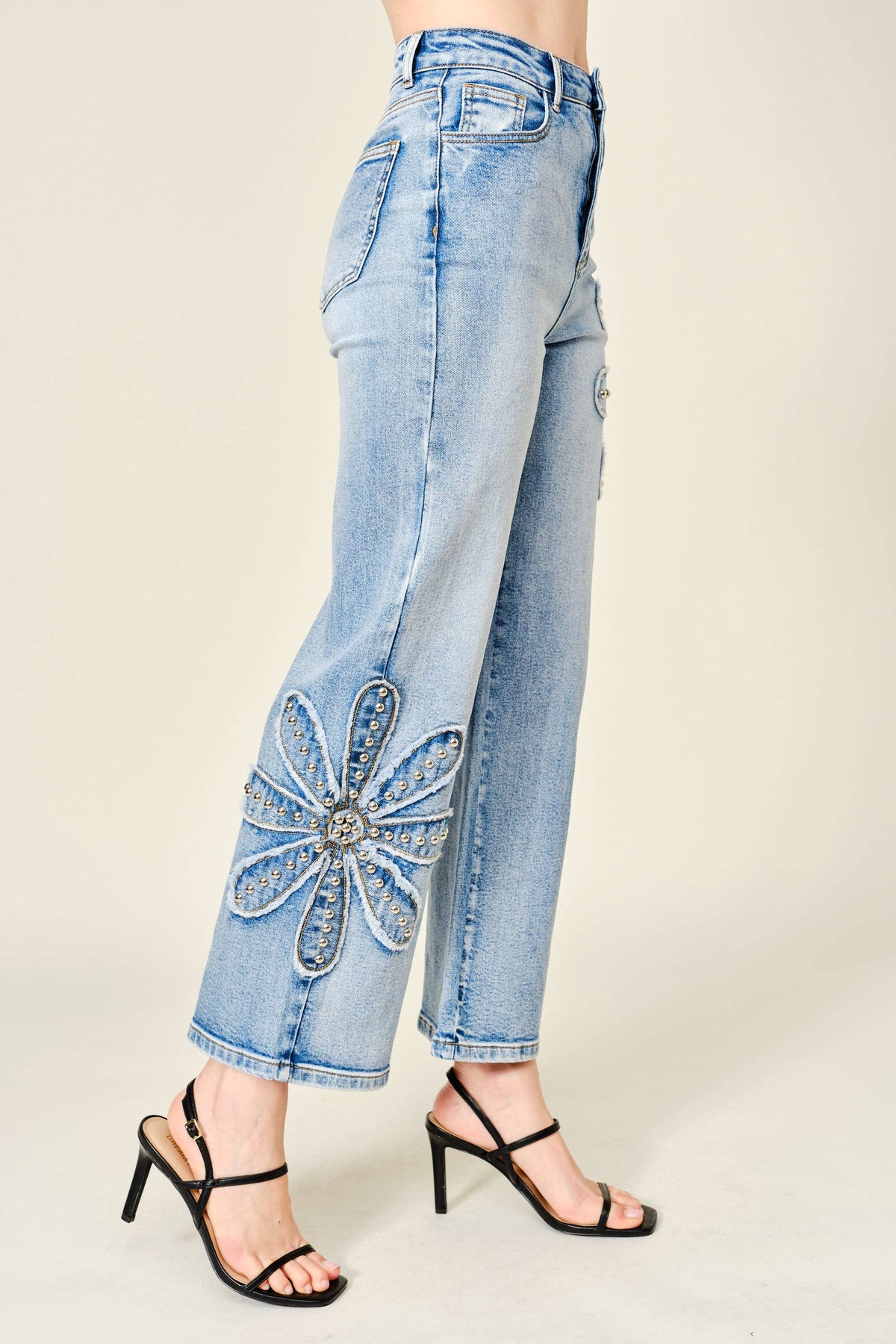 18122P Studded Flower Patch Wide Leg Jeans