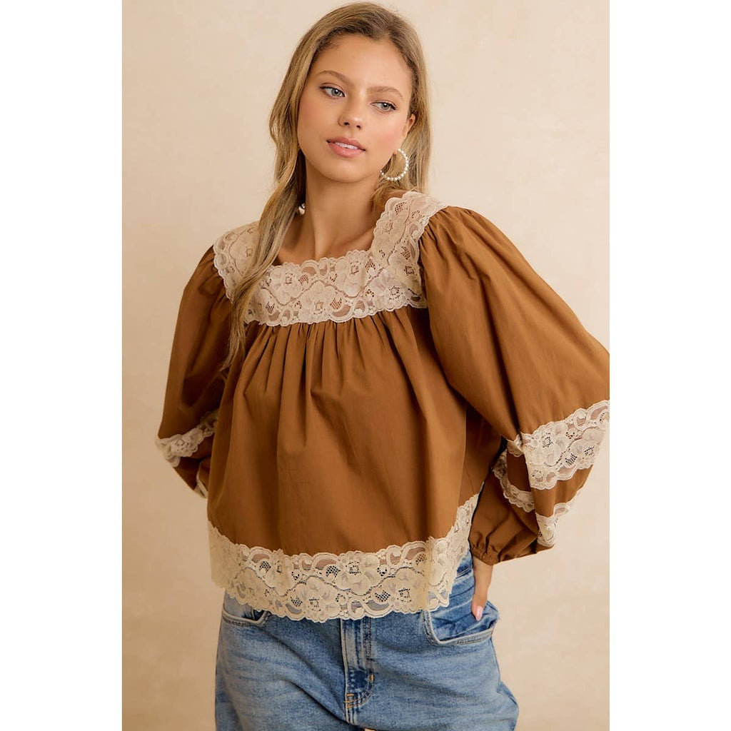 SOLID WOVEN BALLOON SLEEVE SQUARE NECK BLOUSE WITH LACE TRIM