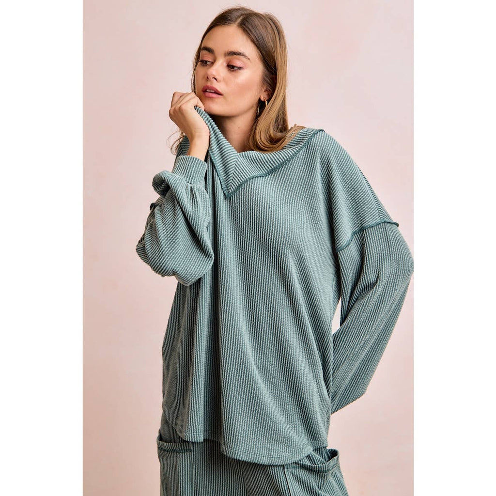 TWO TONE CORD RIB CONTRAST TOP AND PANTS SET
