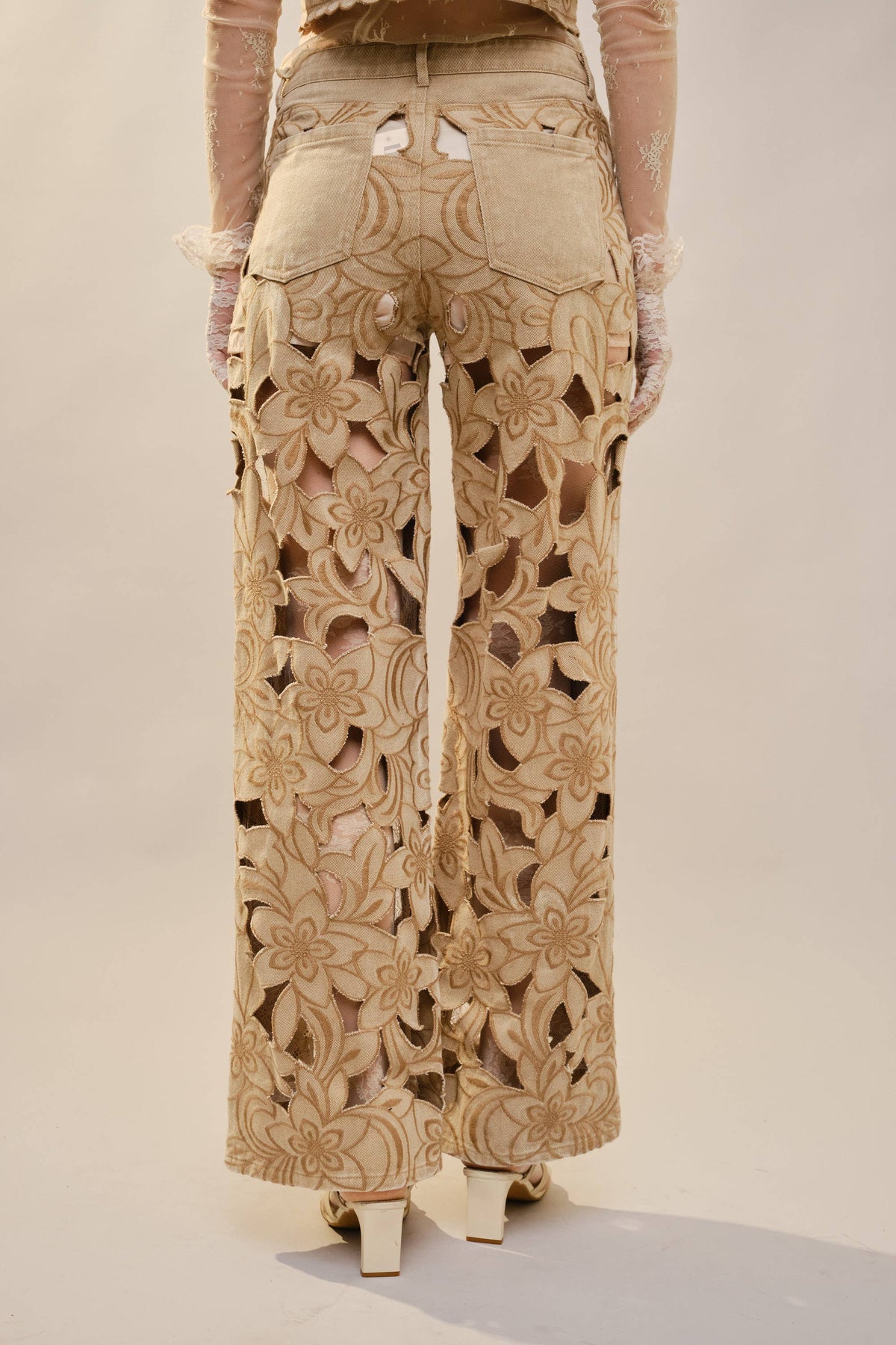 23969P Cut out Floral Embroidered Lace Twill Jeans